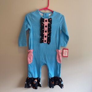 Ricrac & Ruffles 18M Romper NWT Blue romper with outer space accents